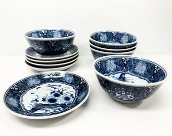 10 piezas (5 juegos) de cuencos de arroz de porcelana japonesa Arita Asahi azules y blancos con platos.