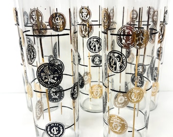 5 Libbey Glass International Coins Highball Tom Collins Cocktail Glasses MCM