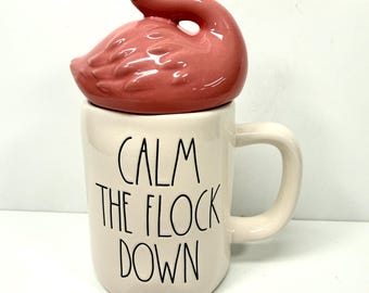 Rae Dunn China Ceramic Coffee Mug Calm The Flock Down Pink Flamingo Top