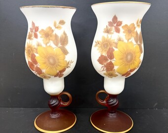 Pair Vintage MCM Norleans Italy Satin Art Glass Candle Lamps Amber White