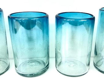 4 Recycled Art Glass Mexico Mexican Hand Blown Blue Tumblers Glasses 5 1/2"