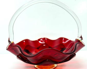 Vintage Viking Glass Red Ruby Amberina Basket Clear Applied Handle