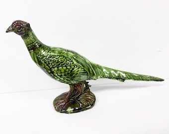 Mid Century Art Pottery Avocado Green Pheasant Figurine signed KERR 13"