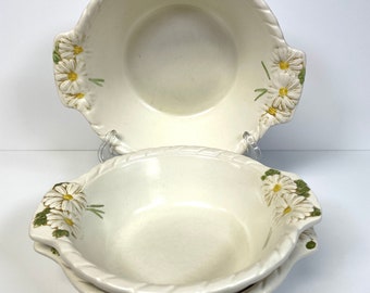 3 Poppytrail China by Metlox Sculpted Daisy Tab Handles Bowls Soup Serving