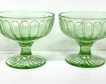 4 Vintage Hazel Atlas Ribbon Green Depression Glass Sherbet Dessert Stems