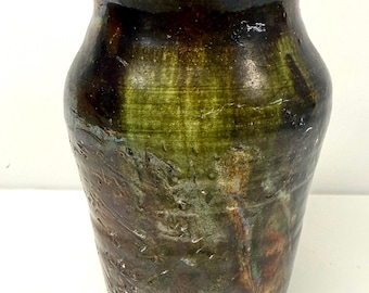 Signed Raku Art Pottery Vase Wilson Green Brown Glaze NICE