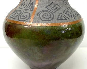 Art Pottery Raku Vase Gray Green Glaze Gold Signed MK? Unusual