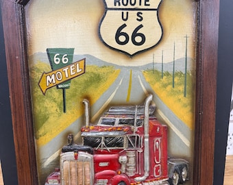 Vintage 1970's Carved Wood Wall Plaque Sign Rt 66 Semi Truck on Road Man Cave