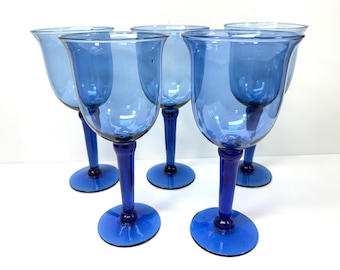 Set 5 Vintage Hand Blown Glass Blue Tall Footed Water Glasses