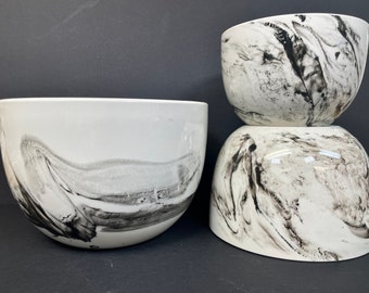 Set of 3 CB2 China Pottery Mixing Bowls Black White Swirl Marble Pattern NWT