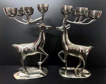 Pr Vintage Pottery Barn Chrome on Brass Reindeer Christmas Votive Candle Holders