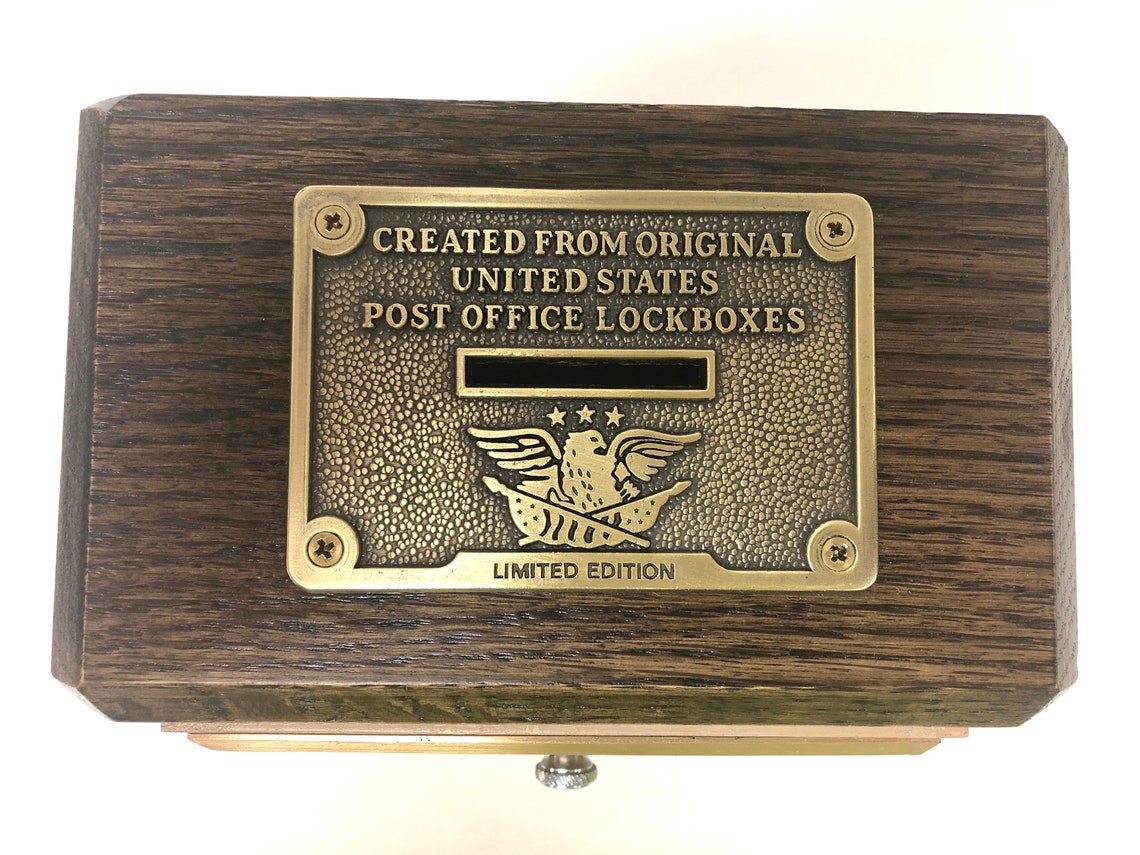 Antique US Post Office Box Door Coin Bank Dark Oak Circa 1960 2 Size