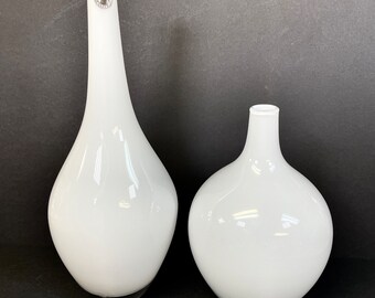 Two IKEA Johanna Jelinek Hand Blown White Salong Art Glass Vases 12" and 8"