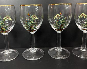 Juego de 4 copas de vino de cristal Spode con diseño de árbol de Navidad.