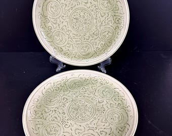 2 Thai Celadon China Green Crackle Glaze 10 3/4" Dinner Plates