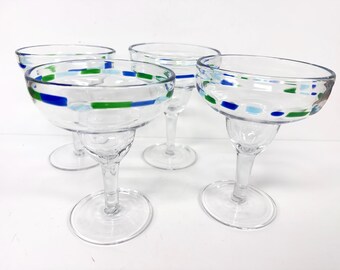 4 Recycled Art Glass Mexico Mexican Hand Blown Margarita Glasses Blue Green