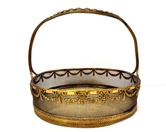 Antique 19th C French Gilt on Brass Mesh Oval Basket w/ Glass & Lace Bottom OLD