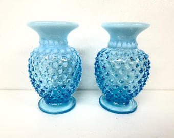 Pair Fenton Glass Blue Opalescent Hobnail Vases 3 3/4"