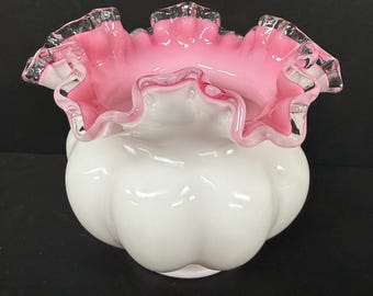 Fenton Art Glass Pink White Cased Ruffled Vase Silver Crest