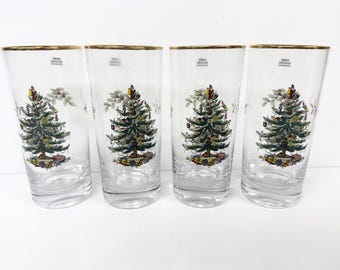 Set 4 Spode Christmas Tree Crystal Highball Glasses 6 1/4" New with Tags No box