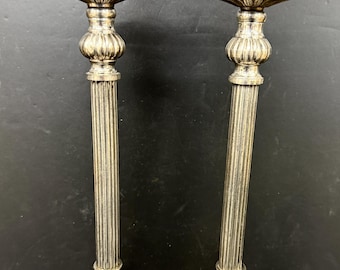 Pair Vintage White Brass Silver Color Neoclassical Fluted Column Candle Sticks