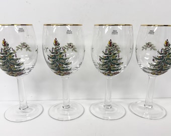 Set 4 Spode Christmas Tree Crystal Wine Glasses 7 1/4" New with Tags No box