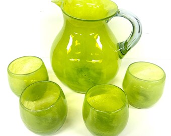 Recycled Art Glass Mexico Mexican Hand Blown Pitcher & 4 Glasses Bright Yellow