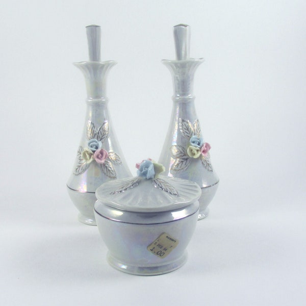 Vintage Porcelain Ceramic Perfume Bottles and Powder Dish Set - With McCrory's Price Tag