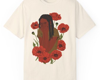 T-shirt met ruimte voor verdriet | Comfort Colors Tee, sociale rechtvaardigheid, afschaffing, rouwkunst, rode klaprozen, kunst voor genezing, rouwreis