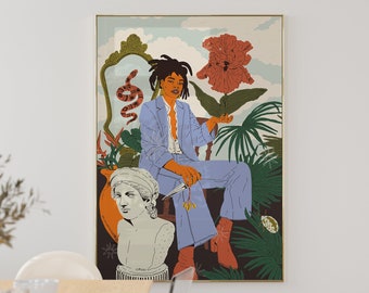May include: A framed wall art print featuring a person with dark hair in a light blue suit sitting on a chair. The illustration includes a large red flower, a white classical bust, a green ornate mirror, a snake, and tropical foliage elements.