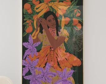 May include: A framed art print featuring a person with dark hair adjusting a large yellow ribbon. The background displays orange trees, a spider web, and purple flowers. The person wears a yellow dress with an orange butterfly-like skirt overlay.