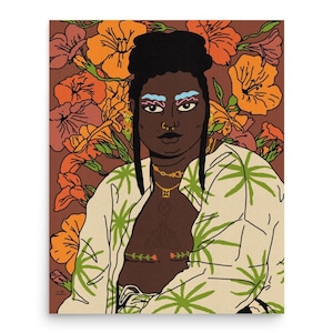 May include: A digital illustration of a person with dark skin, wearing a white shirt with green palm leaves, and colorful makeup. The person is surrounded by orange and pink flowers.