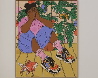 May include: A digital illustration of a person sitting on a yellow floor with their hands covering their face. The person is wearing blue jeans, a pink shirt, and colourful trainers. A goldfish swims in front of the person.