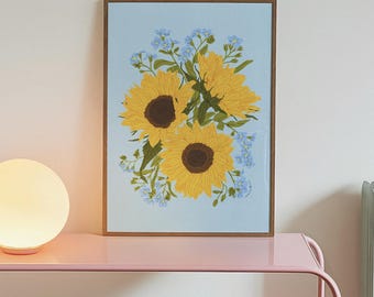 Sunflowers Print | botanical illustration, nature poster, hopeful art, helianthus annuus, forget-me-nots, floral wall art, yellow flower art