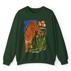 Deeply Rooted Crewneck Sweatshirt | Comfy Tiger Hoodie | Botanical Clothing | Witchy Jumper | Crystal Healing Shirt | Jasper Rock