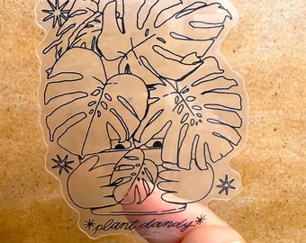 Monstera Transparent Vinyl Sticker | Monster plant art, botanical decal, black and white clear sticker, line drawing art, houseplant artwork