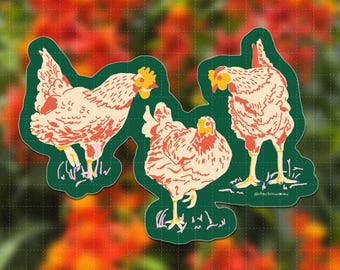 Three Chickens Sticker | colorful animal art, farm sticker, pastoral art, cottagecore, chicken doodle, bird art, farm life