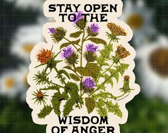 Wisdom of Anger Vinyl Sticker | social justice, solidarity, abolition, bell hooks, audre lorde, botanical floral art, dandelion, spiritual