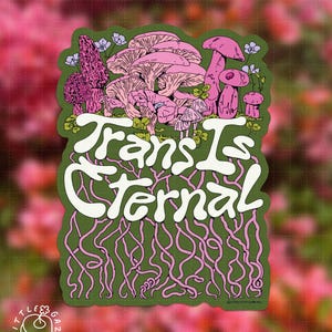 Puede incluir: Una pegatina rectangular con fondo verde oliva oscuro que muestra un grupo de setas rosas y pequeñas flores. Debajo de las setas, el texto blanco dice Trans Is Eternal, con raíces rosas que se extienden hacia abajo.