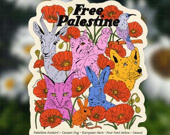 May include: A die-cut sticker featuring the text Free Palestine, surrounded by illustrations of a Palestine Sunbird, Canaan Dog, European Hare, Four-Toed Jerboa, Caracal, Palestine Mountain Gazelle, Tabby Cat, and red field poppies.