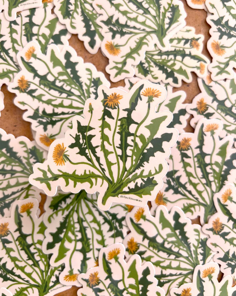May include: A die-cut sticker featuring a botanical illustration of a dandelion plant with jagged, dark green leaves and multiple bright yellow flower heads. The design is set against a plain white background with a thin white border around the edges.