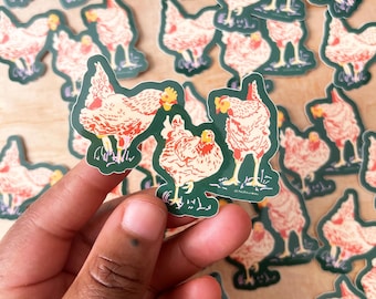 Sticker drie kippen | dierenrecht, vogelsticker, vogelkunst, overvloed, sticker voor waterfles, waterdichte sticker, dagboeksticker