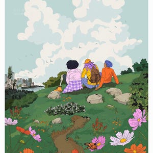 Op de afbeelding: Drie mensen zitten op een grasbegroeide heuvel met uitzicht op een skyline van een stad. Ze kijken uit over het uitzicht. De heuvel is bedekt met groen gras en wilde bloemen, waaronder roze, witte en oranje kosmosbloemen. Een vlinder vliegt in de buurt van de bloemen.