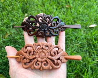 Fermaglio per capelli retrò. Fermaglio per capelli in legno. Fermaglio per capelli in legno. Pettinino per capelli in legno. Bastoncino per capelli in legno. Stile vittoriano. Stile barocco. Gioielli in legno intagliato a mano
