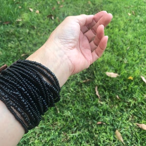 24 Multi Strands Elastic Stretch One Size Adjustable BLACK GLASS Beaded Bracelet For Women With Wooden Buckle Wood Clasp Closure.Handcrafted