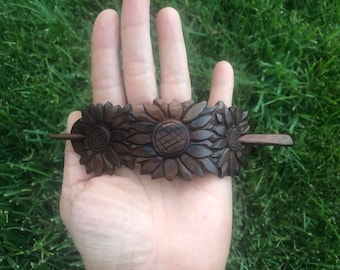 Hand Carved SUNFLOWER Wood Hair Barrette/Wood Hair Clip/ Wood Hair Slide. Bun Holder Deep Brown Wood,Wood Carving.Wood Hair Accessories. New