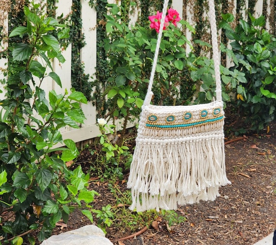 Boho Knitted CROCHET Crossbody Bag. Handmade Crochet Bag With TASSEL  Fringe And COWRIE Shells.Turquoise Gold Beads Crochet Crossbody Bag