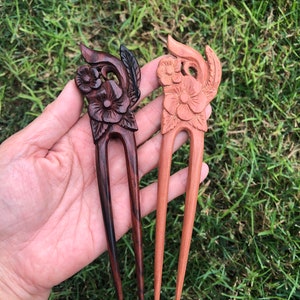 Two Prongs Floral FLOWER Wood Hair Stick, Simple Casual Wood Hair Fork.HANDMADE Flower Wood Hair Fork.Flower Wood Hair Clip.Unique.STURDY.