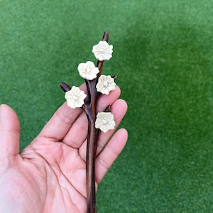 Può includere: Un bastoncino per capelli in legno marrone scuro con cinque accenti floreali color crema. Il design floreale è tenuto in mano su uno sfondo verde. L'accessorio per capelli è un oggetto decorativo.