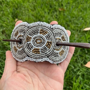 Beaded Hair Barrette. Beaded Hair Clip. Sun Wheel Pattern Beads. Silver Beaded Barrette. Bronze Beaded Barrette. White Beaded Barrette.New